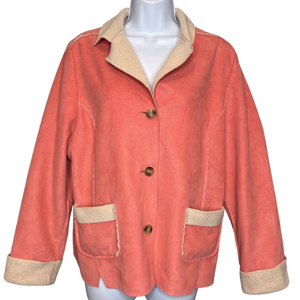 J. Jill Womens Coral Faux Suede Shearling Trim Jacket Coat Sz L Cottagecore Cozy
